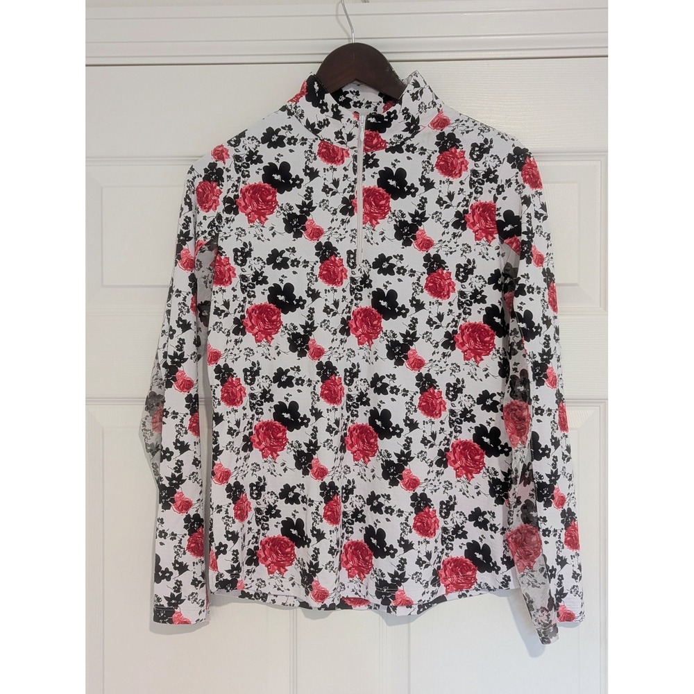 IBKUL Womens Floral Quarter Zip Sun Shirt UPF 50+ IceFil Cooling Top Red Black M